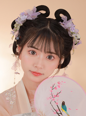 汉服头饰古风配饰紫色绢花对夹发簪流苏步摇侧边夹宋制古装发饰女