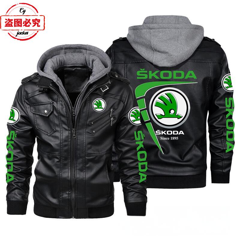 斯柯达汽车LOGO复古水洗pu皮衣防风男连帽夹克Skoda团队服皮夹克