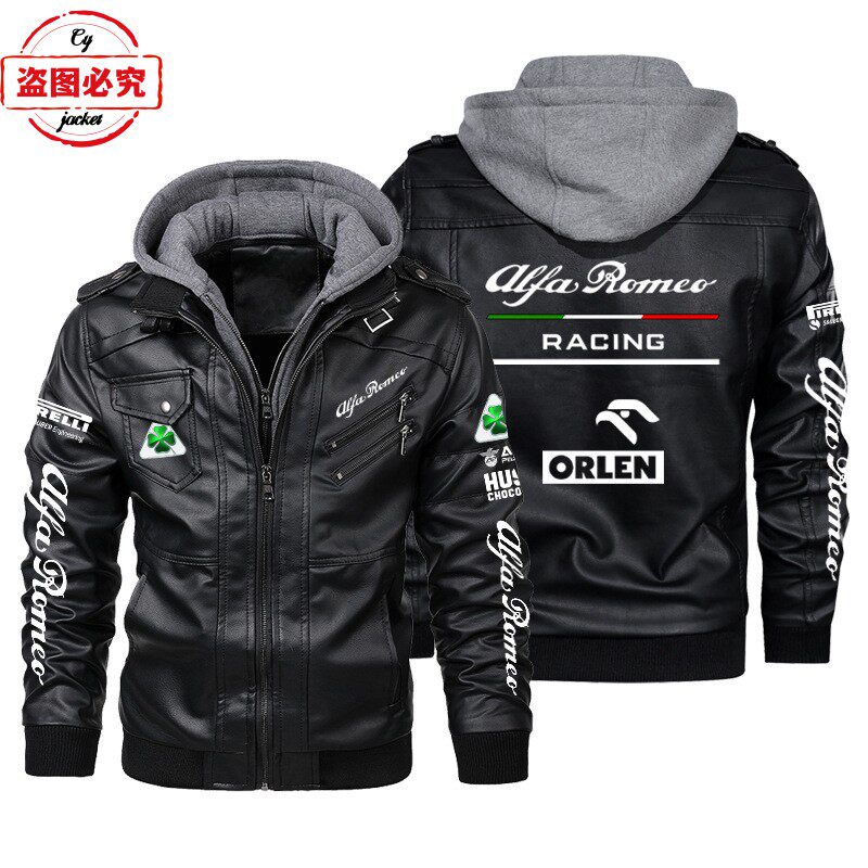 车队赛车服LOGOpu皮衣防风男士连帽夹克alpha车队团队服皮夹克