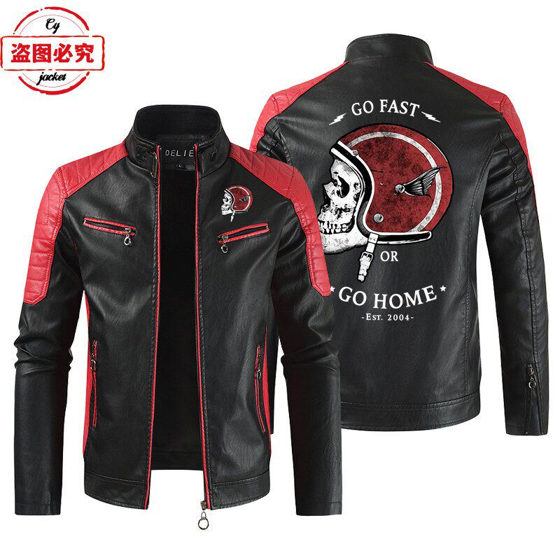 GO FAST OR GO HOME 印花机车服LOGO水洗pu皮衣防风男士骑行夹克