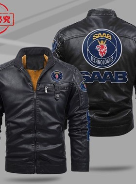 汽车LOGO夹克防风冬季加绒保暖男士SBBA车队标志pu皮纯色夹克