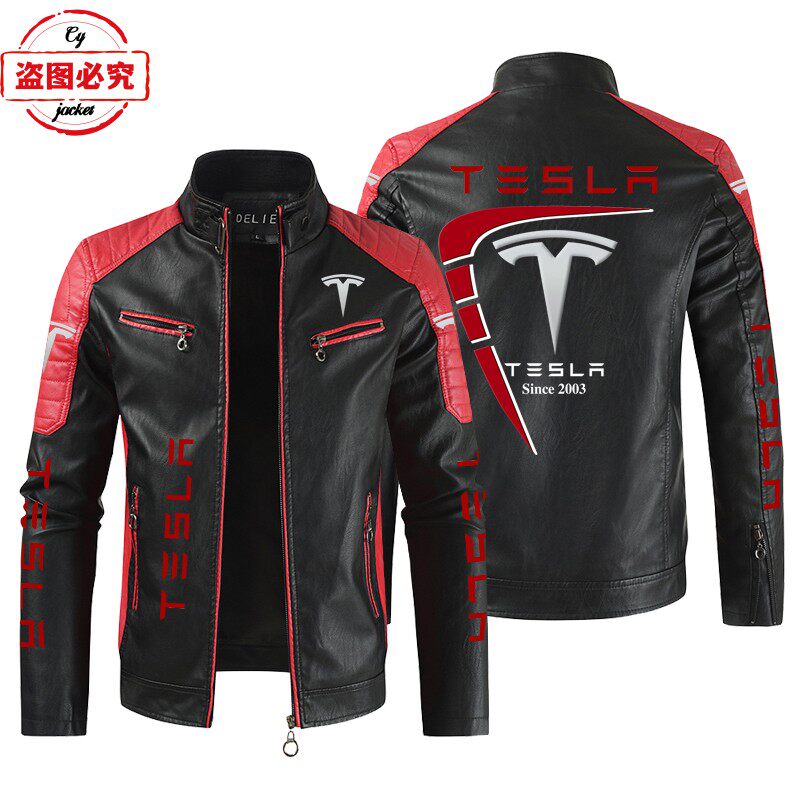 Tesla汽车LOGO印花赛车服pu皮衣防风四季款特斯拉车队夹克工作服