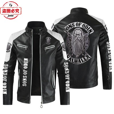 Son-Of-Odin-Valhalla印花机车服水洗pu皮衣防风男摩托车骑行夹克