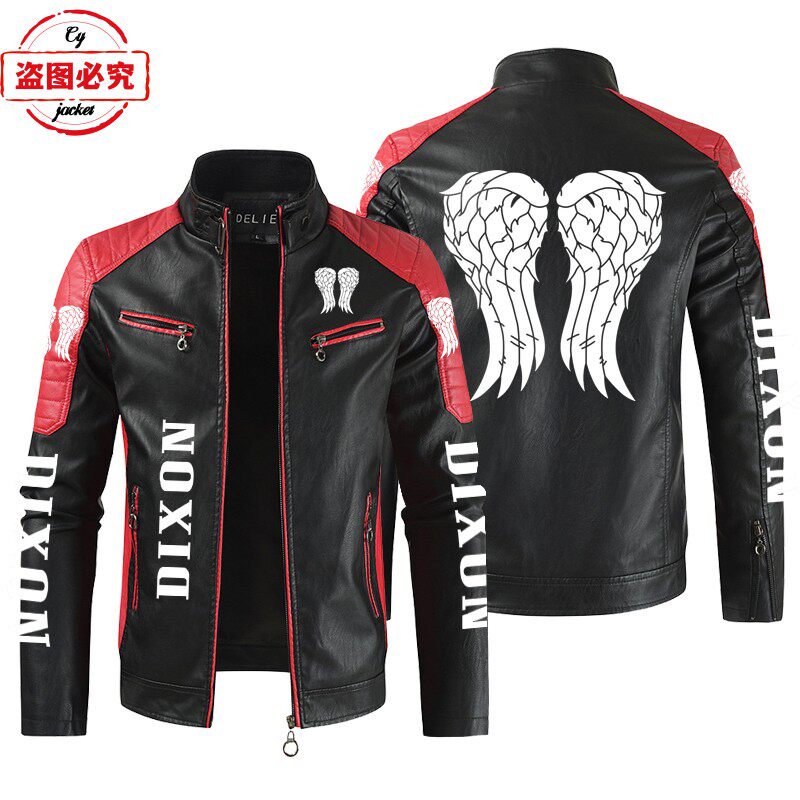 天使之翼印花机车服LOGO复古水洗pu皮衣防风摩托车骑行夹克男士