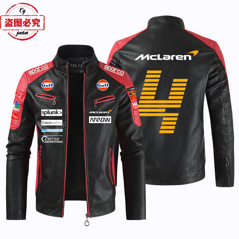 F1赛车Mclaren徽标印花皮夹克pu皮衣四季款男士迈凯伦赛车服夹克