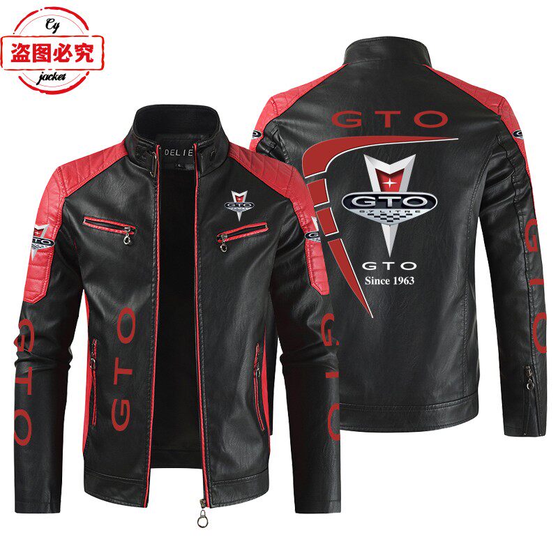 GTO汽车LOGO印花赛车服PU皮衣立领防风车队夹克工作服拉链门襟