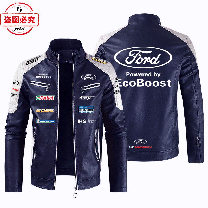 FORD汽车LOGO印花赛车服pu皮衣防风四季款福特车队男士夹克工作服