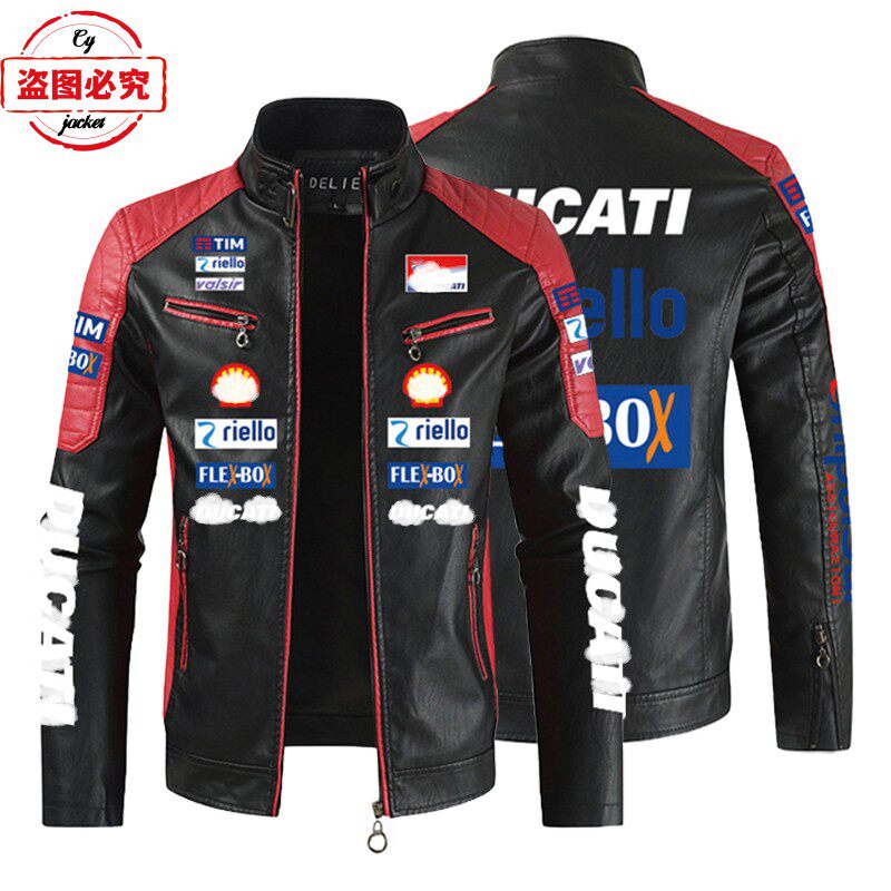 摩托车LOGO印花骑行服pu皮衣防风四季款男士夹克机车团队工作服