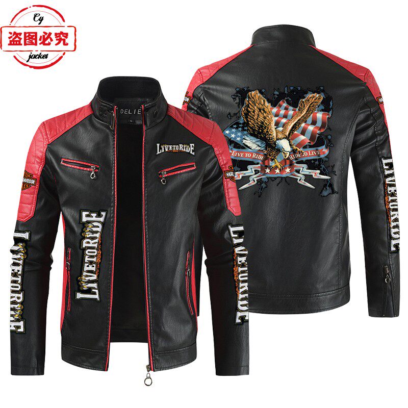 LIVE TO RIDE印花哈雷摩托车LOGO水洗pu皮衣防风款男士骑行夹克