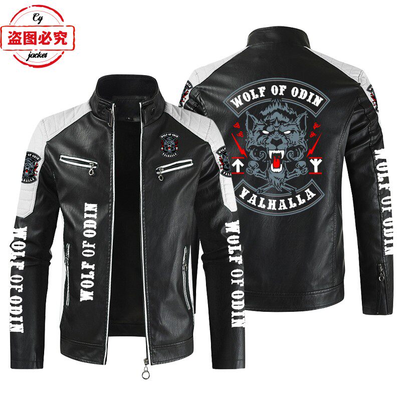 wolf of odin 印花机车服LOGO复古水洗pu皮衣防风摩托车骑行夹克