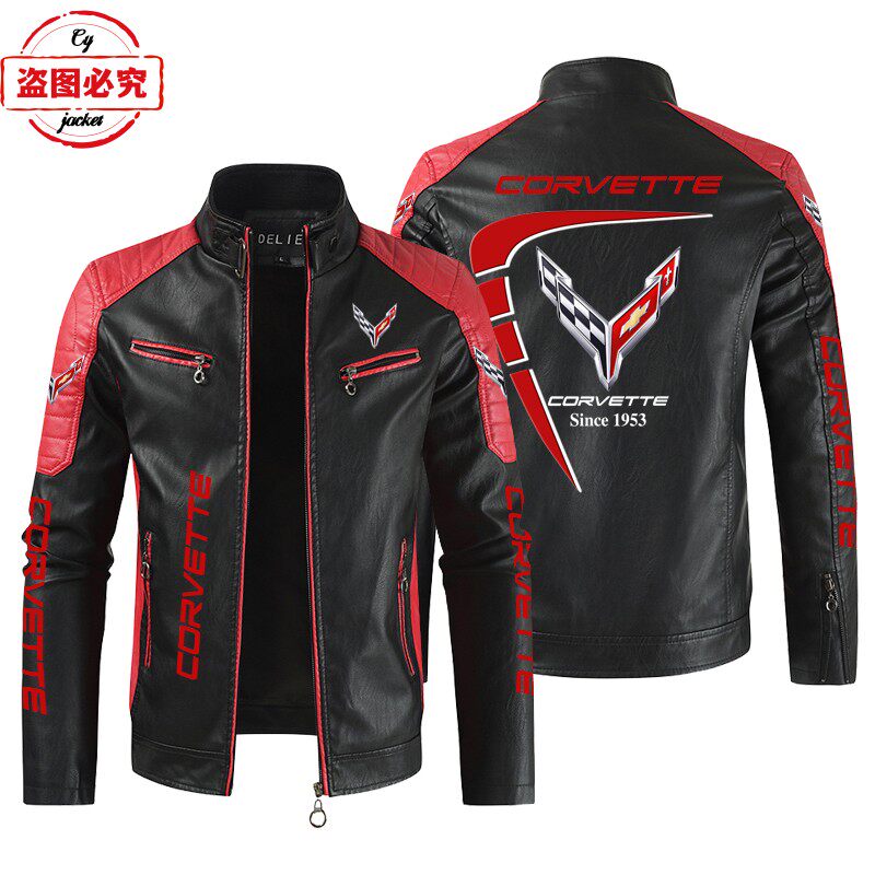 Corvette汽车车徽标印花PU皮衣四季雪佛兰科尔维特车队赛车服夹克