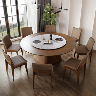 实木餐桌双电磁炉电动转盘大圆桌轻奢新中式酒店10人岩板餐桌饭桌