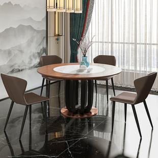 嵌入式转盘餐桌实木圆餐桌新中式带转盘餐桌椅组合现代简约圆餐桌