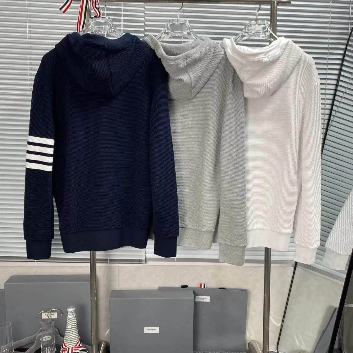 高版本25ss经典四杠水波纹TB拉链帽衫男女同款华夫格拉链