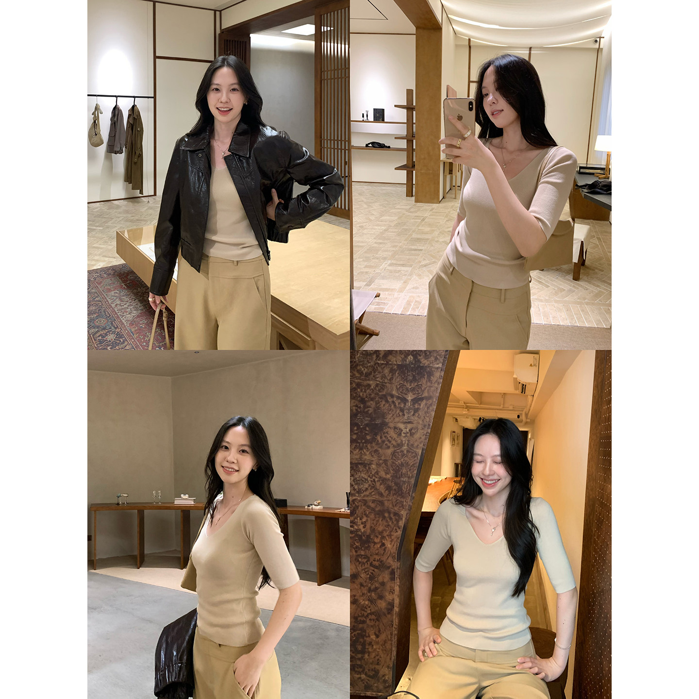 daydayicy 慢调日常 燕麦色v领中袖T恤女夏修身显瘦气质针织上衣图片