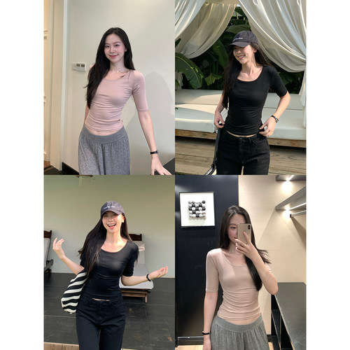 daydayicy 漫感soft 修身中袖T恤女秋季简约百搭设计感气质上衣