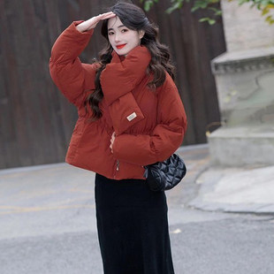 2025冬季新款韩版宽松加厚棉袄蓝色棉衣围巾外套短款羽绒面包服女