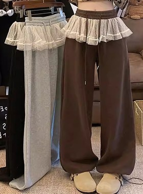 设计感蕾丝拼接束脚休闲裤女冬季黑色高腰抽绳宽松阔腿裤拖地长裤