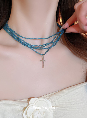 欧美个性甜酷风淡蓝水晶十字架项链气质百搭锁骨链独特设计感项饰
