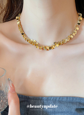 欧美跨境金属亮片爱心流苏项链时尚百搭锁骨链小众设计感颈链项饰