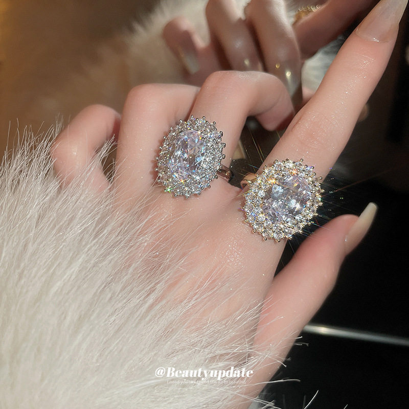 真金电镀锆石椭圆开口戒指复古宫廷风轻奢指环高级感时尚配饰