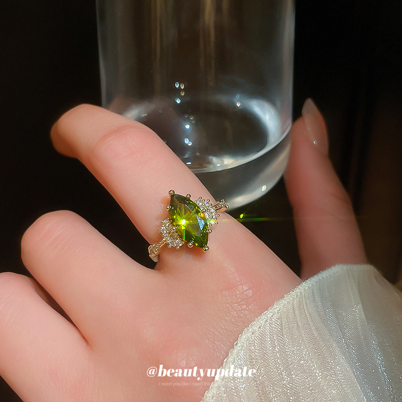 14K真金电镀椭圆绿宝石开口戒指复古小众食指戒轻奢高级感手饰女