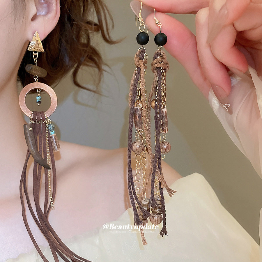 银针三角形圆形木头镂空流苏吊坠耳环民族风耳钉小众设计感耳饰