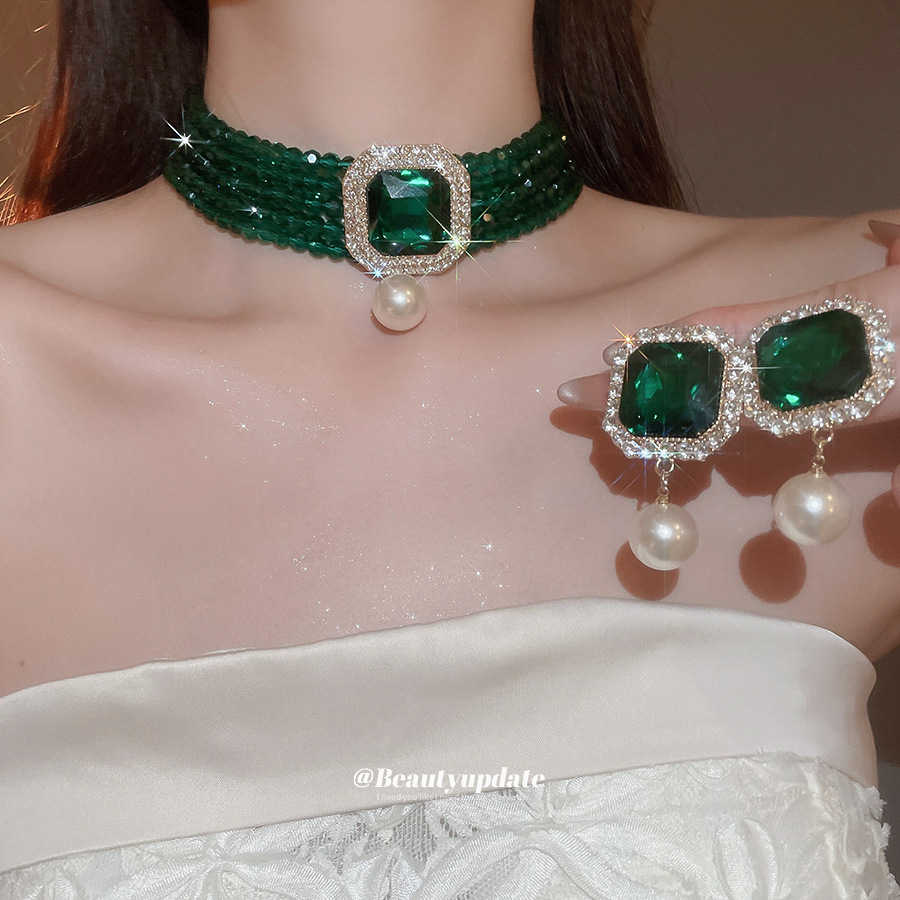 镶钻方形多层珍珠项链法式复古宫廷风choker锁骨链轻奢高级感颈链