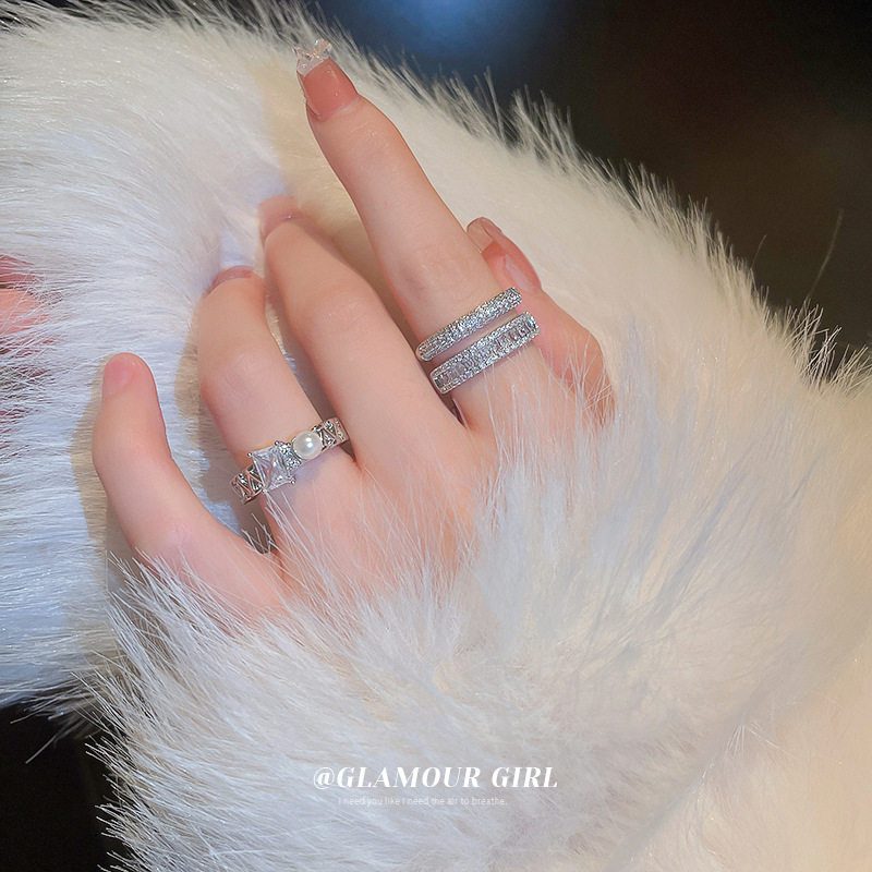 真金电镀锆石人造珍珠双层开口戒指小众设计ins风食指戒百搭手饰