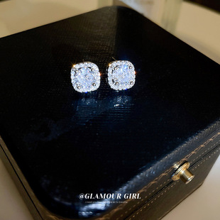 银针韩国锆石方形耳环小众设计ins风耳钉个性气质新款耳饰女