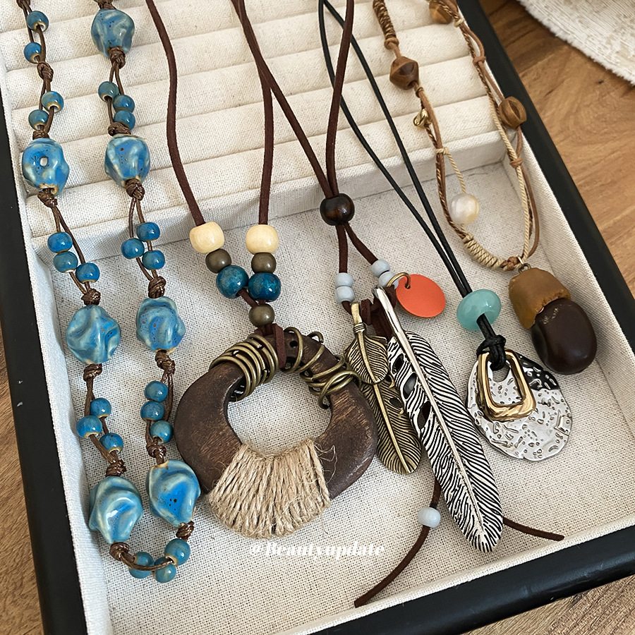 棉绳树脂木头串珠椭圆形吊坠项链复古民族风锁骨链小众设计毛衣链