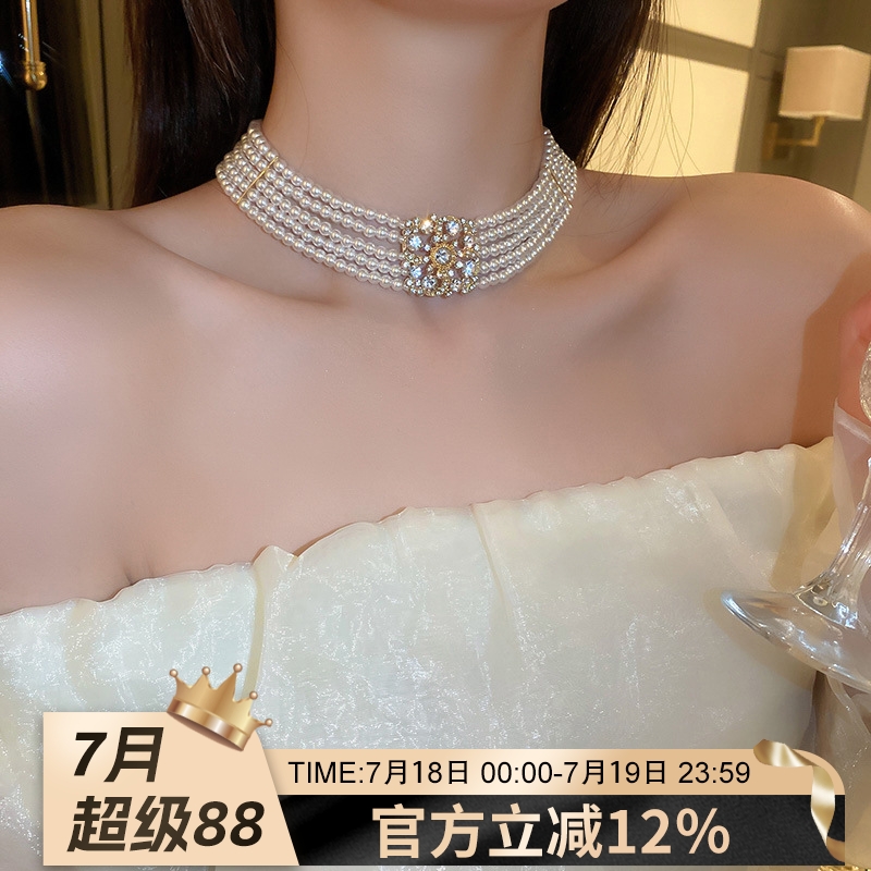 镶钻花朵珍珠多层项链欧美夸张