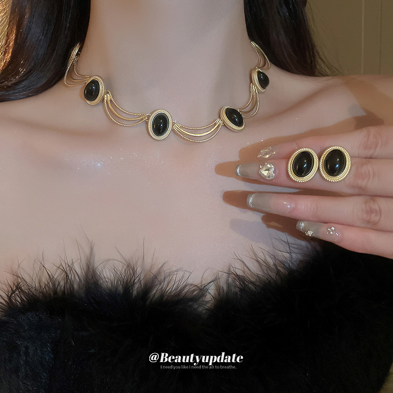 针复古椭圆几何耳环项链套