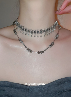 欧美金属感拼接串珠圆形流苏项链冷淡风气质锁骨链小众设计感颈链