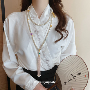 真金电镀新中式莲花人造珍珠项链身体链古风多感气质锁骨链项饰