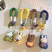 毛绒米菲兔超可爱公仔手机壳挂件短款 挂绳编织带尼龙绳挂件手绳趣味卡通装 饰品通用多功能背包车钥匙便携腕带