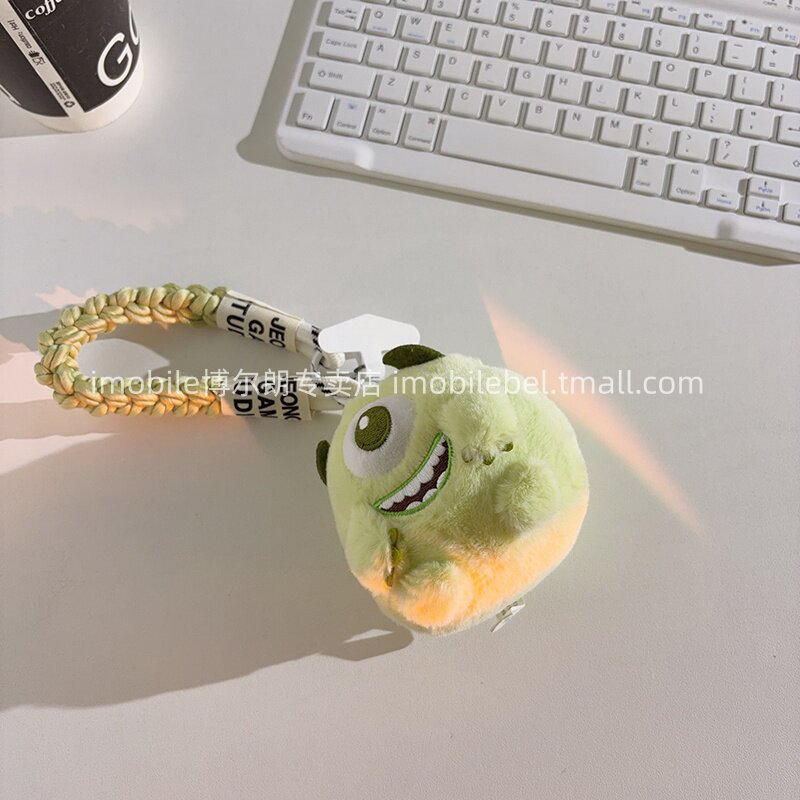 趣味呆萌绿色大眼仔毛绒公仔手机挂件手机链钥匙扣挂饰潮玩包挂户外防丢通用ccd相机多功能编织斜跨长绳挂链
