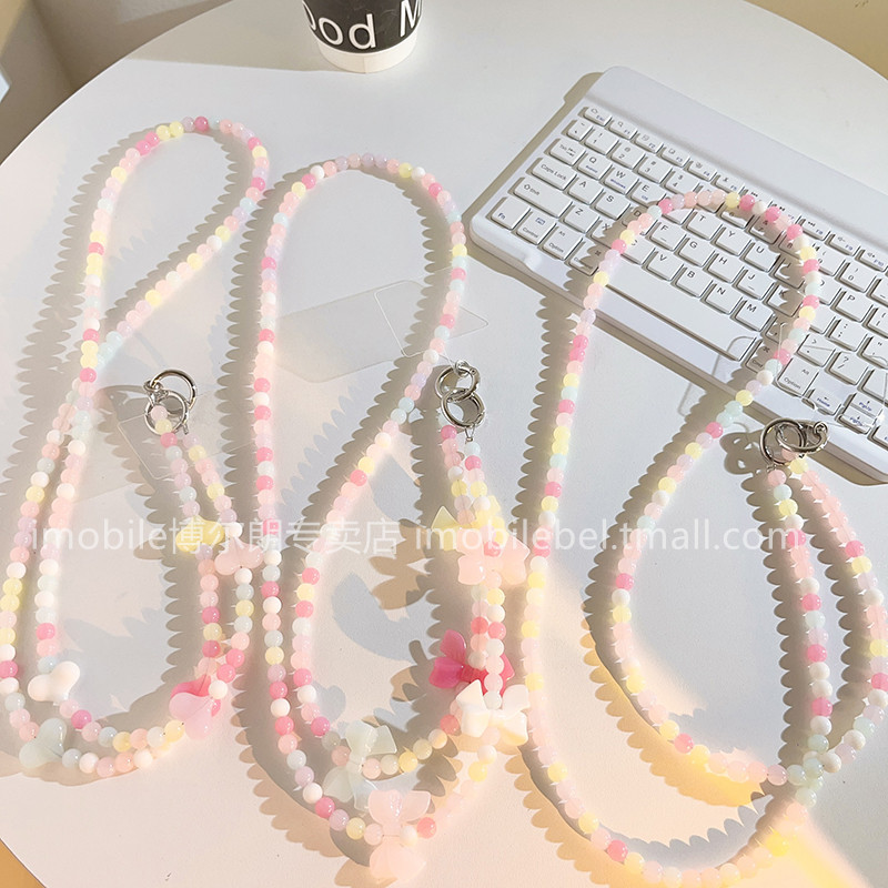高颜值精美手机壳斜挎长绳女款粉色系爱心珠珠挂脖链日韩ins重工挂绳串珠挂肩外出旅行适用背带式手机壳链条