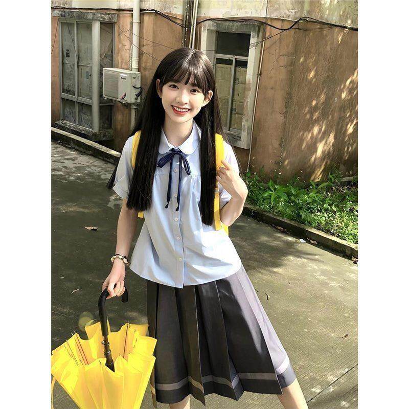 猫看花jk学院风蓝色娃娃领短袖衬衫女夏季日系甜美宽松学生上衣