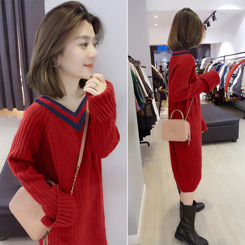 欧洲站2020秋季新款女装欧货红色中长款内搭打底针织裙毛衣连衣裙