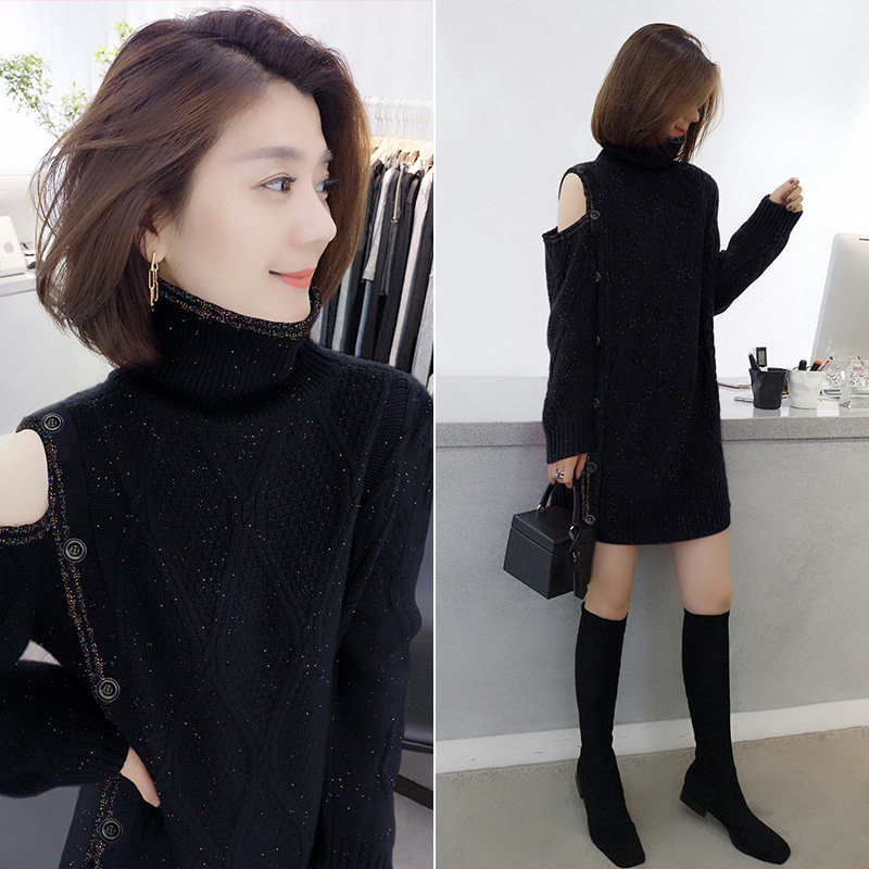 欧洲站秋冬女装2020新款欧货黑色露肩直筒毛衣裙子高领针织连衣裙