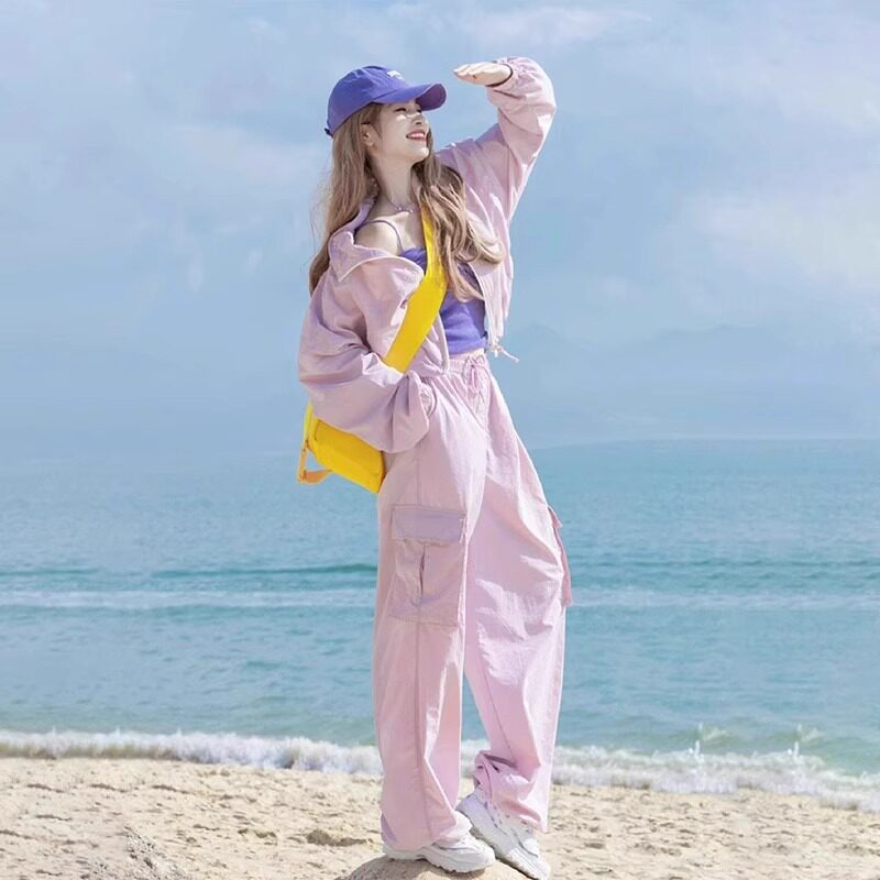 慵懒风运动服套装女2026春夏新款粉色防晒衫高腰阔腿工装裤两件套