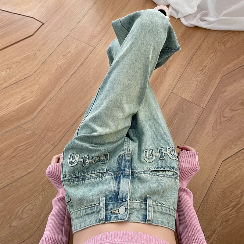 字母刺绣阔腿牛仔裤女2024春秋新款浅色小个子高腰显瘦窄版直筒裤
