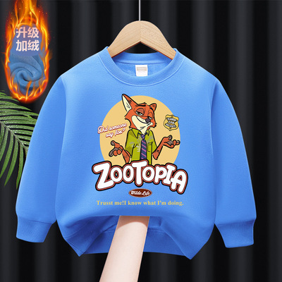男童加绒卫衣冬季儿童加厚保暖上衣卡通疯狂动物城一体绒女童冬装