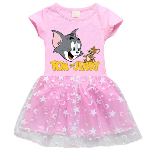 猫和老鼠衣服女童短袖连衣裙夏季纯棉女孩网纱裙子儿童t恤裙夏装