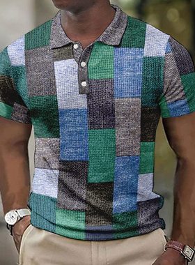 en's Plaid Polo hirt with D Digital Prt 格子翻领P衫流休闲