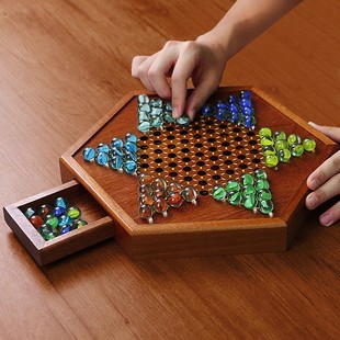 跳棋玻璃珠儿童益智木质二合一棋盘大号跳棋成人版弹子玛瑙珠跳棋