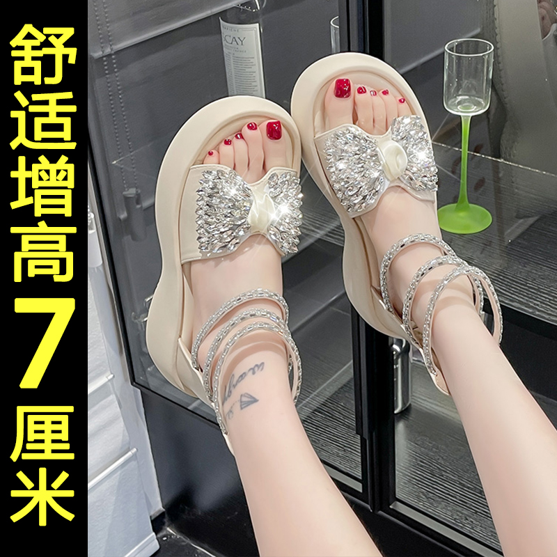 厚底罗马凉鞋女2025新款夏季配裙子水钻绝美蝴蝶结增高不累脚凉鞋