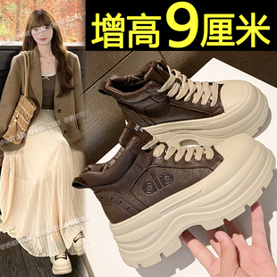 厚底加绒高帮鞋女款2025新款秋冬季复古百搭小个子内增高休闲短靴