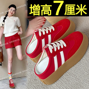 内增高红色德训鞋女款2026新款夏季厚底包头半拖鞋一脚蹬休闲板鞋